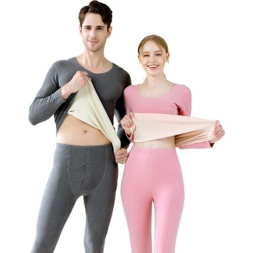 Mens long Johns set with double-sided fleece base shirt with no trace round collar medium thick thermal underwear for women