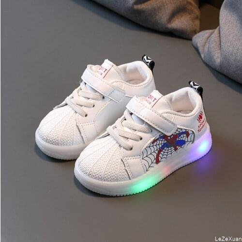 Children boys spiderman LED Sneakers Kids cartoon Sports Light Shoes boy PU Casual Boots Rubber Button sport shoes