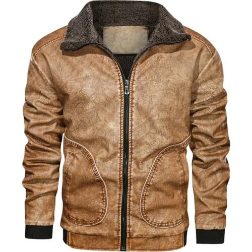 Winter Retro PU Leather Jacket Men Fleece Warm Faux Baseball Coats Fur Collar Outwear Windbreaker Casual Thick Leather Jackets
