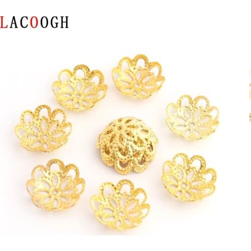 50pcs/lot Gold color Metal Lotus Flower Loose Spacer Bead Clasp Filigree Beads End Cap For Needlework DIY Jewelry Finding Making