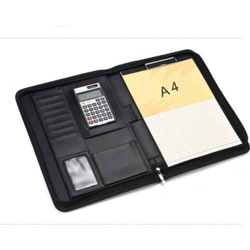 Multifunctional High quality Zipper Padfolio PU leather A4 File Folder Business Manager bag for Documents Clip Office Supplies