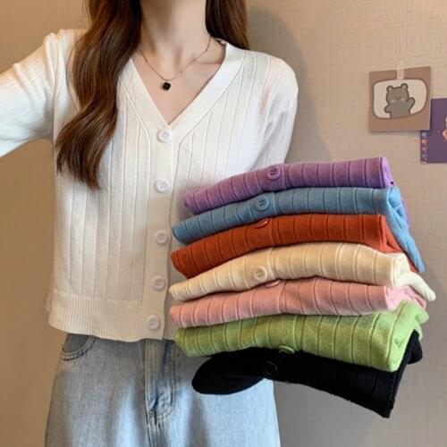 2021 Autumn New Korean Fashion Single-breasted Knitted Cardigan Coat Gentle V-neck Long-Sleeve Womens Crop Top Trendy Outerwear