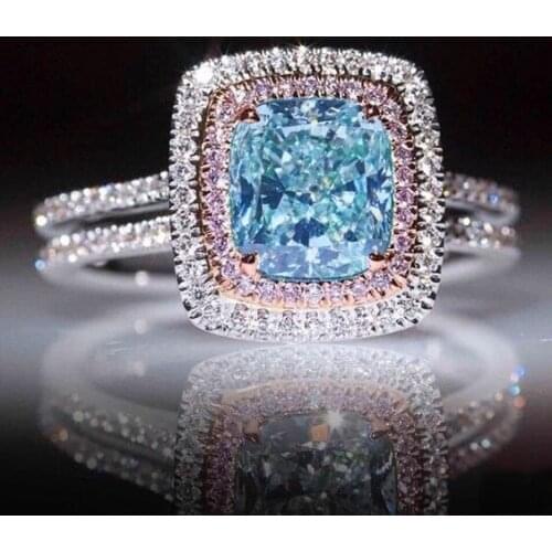 New Pink Crystal Princess Ring Inlaid Blue crystal Jewelry Womens Fine Jewelry Anniversary Gift Party Ball Ring