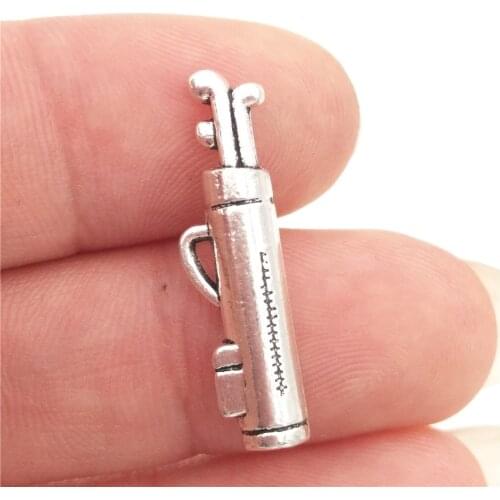 BULK 30pcs Lots Zinc Alloy Metal 3D Golf Bag with Gold Club Charms Sports Fan Pendants DIY Jewelry Factory Supplier 6*23mm 1.9g