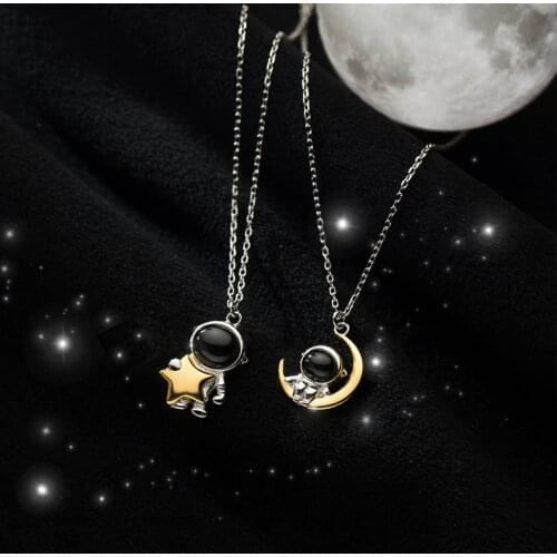 Real 925 Sterling Silver Astronaut Star Moon Pendant Necklace Two-tone Jewelry for Women Girls
