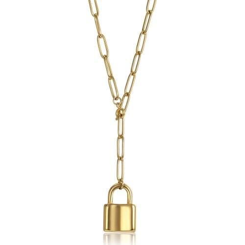 Elizabeth Lock Pendant Necklace for Women Adjustable 4mm Gold Color Stainless Steel Rolo Box Link Round Charm Chain LDNM34