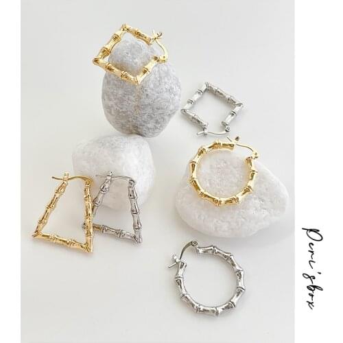PerisBox Hip Hop Gold Silver Color Zinc Alloy Hoops Earring For Women Trendy Geometric Bamboo Hoop Earrings Chic Jewelry