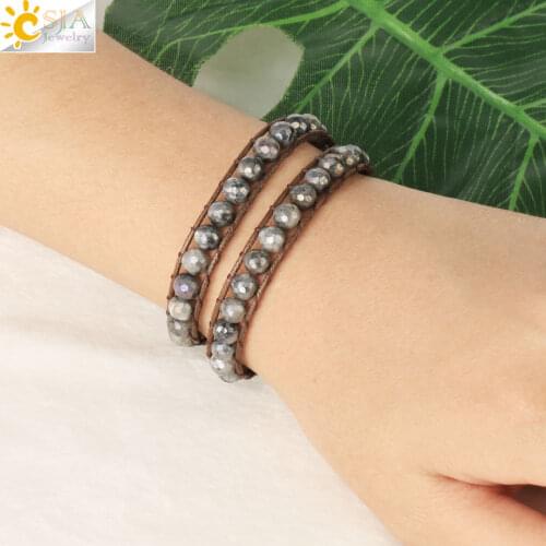 CSJA Braided Bracelets Spectrolite Labradorite Natural Stone 6MM Beaded Wrap Bracelet 2 Strands Femme Boho Handmade Jewelry S626
