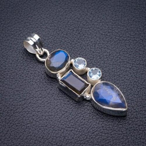 StarGems Natural Blue Fire Labradorite And Blue Topaz Handmade 925 Sterling Silver Pendant 2" D5357