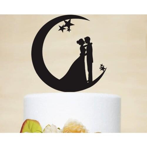 Wedding Moon and Stars Cake Topper,Acrylic wooden silver gold Cake Topper with Bride and Groom Silhouette,Customized Cake Topper