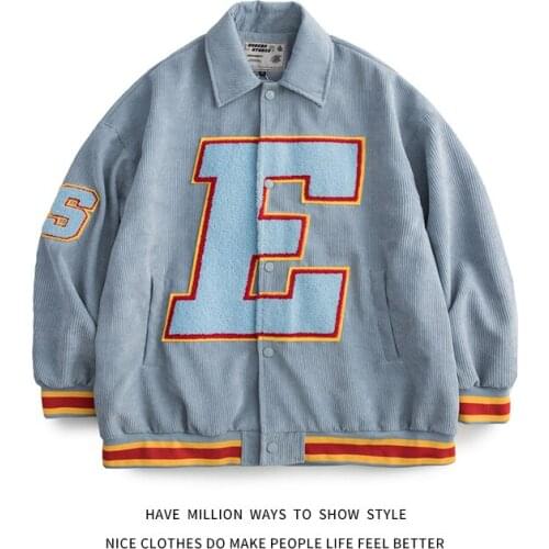 New Arrival Autumn Patchwork Big Letter E Embroidery Corduroy Mens Baseball Bomber Jacket Unisex Womens Varsity Shirt Street