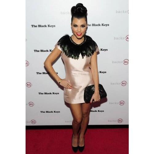 High quality 2018 new sexy black o neck ostrich feather bandage dress birthday dating girl celebrity beige dress wholesale