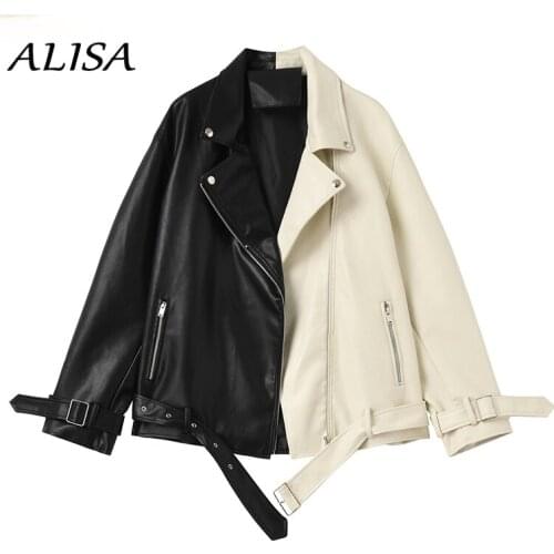 Women Patchwork Color Leather Jacket Spring Autumn Zipper Biker Motorcycle Leather Coat Ladies Streetwear Loose PU Outwear