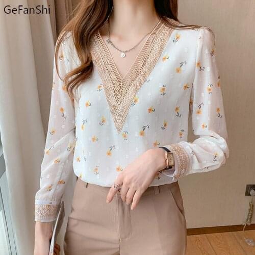 2021 New Summer Autumn Floral V-Neck Chiffon Blouse Shirt Women Long Sleeve Loose Elegant Fashion BlousesTops Simple Blusas