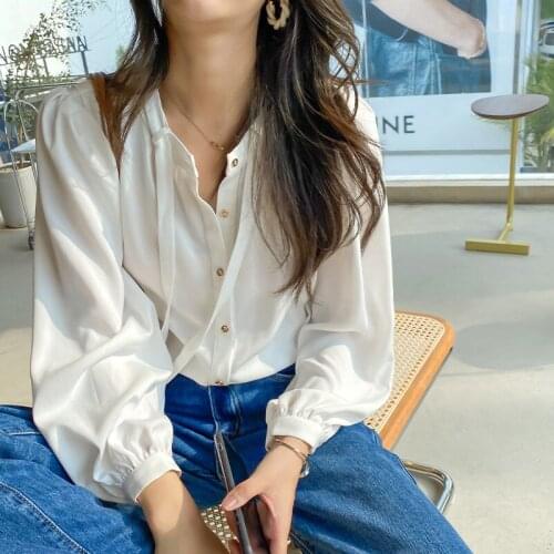 Johnature Korean Women Solid Color Full Sleeve Shirts 2021 Autumn New Casual Loose O-neck Bow Button All Match Blouses