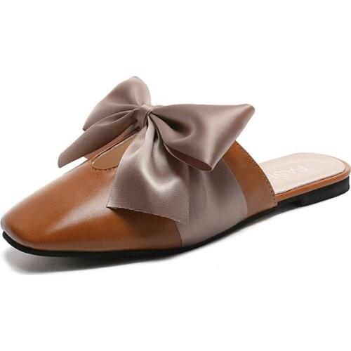 Flat mules women slippers talon d'ete pour femme 2018 Bowtie Velvet new low-heeled bow ribbon stylish with womens slippers