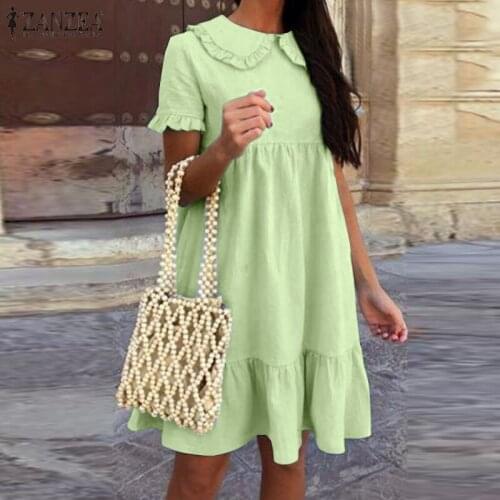 Women Summer Sundress ZANZEA 2021 Elegant Solid Ruffle Dress Short Sleeve Knee Length Vestidos Female Hollow Robe