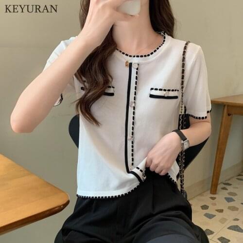 Runway Sweater pullover Women New Summer O-eck Single Breasted Black White Knitted Shirt Ladies Elegant Knitting Outwear Top 4XL