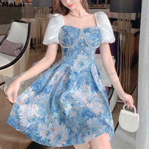 2021 Summer Floral Printed Dress Women Design French Vintage Mini Dress Korean Fashion Chic Female Sweet Elegant One Piece Dress