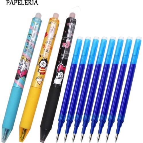 8pcs Erasable Press Gel Pen Set 0.5mm Blue Ink Magic Erasable Pen Kawaii Small Bee Neutral Pens School Office Stationery Supply
