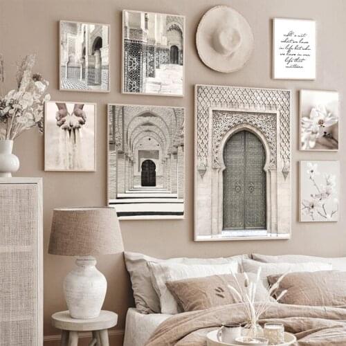 White Flower Islamic Quote Poster Moroccan Arch Muslim Mosque Architecture Prints Picture Casablanca Palace Wall Art Decal Decor