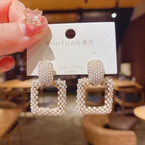 BLIJERY Korean Geometric Pearl Earrings For Women Retro Square Stud Earrings Personality Summer Fashion Jewelry