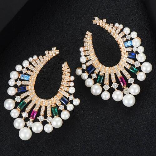 Brand New Luxury Cubic Zircon Charm Pearls Nigerian Drop Dangle Earring For Women Bridal Earring aretes de mujer modernos
