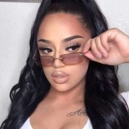 Luxury Brand Small Rectangle Sunglasses Women 2021 Grey Pink Shades For Women 90s Vintage Rimless Square Sunglasses Unisex UV400