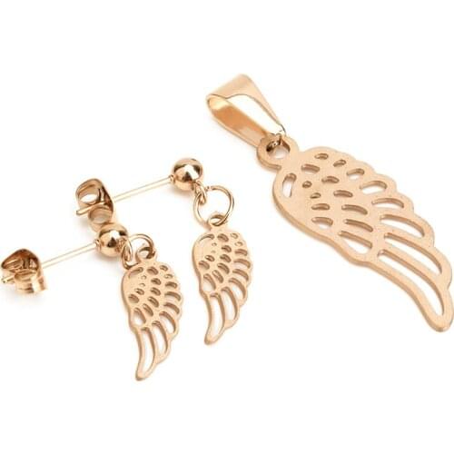 FairLadyHood Wings Earrings And Necklace Stainless Steel Gold Color Women Jewelry Angle Wings Necklace Jewelry Accessories