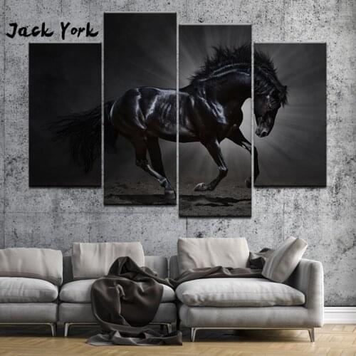 Canvas Painting Dark Black Horse Retro 4 Pieces Wall Art Painting Modular Wallpapers Poster Print Home Decor free shipping