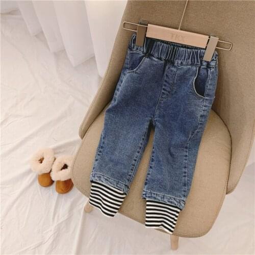 2019 Girls Jeansautumn Winterchildrens Striped and Velvet Thick Denim Pants Korean Childrens Jeans Female Children Long Pants