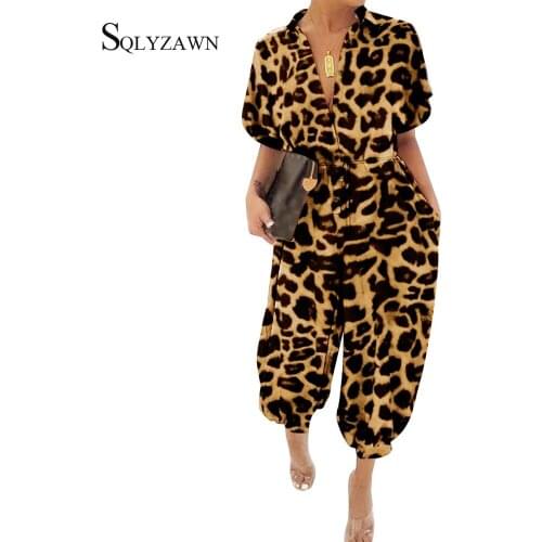 Summer Romper Women Sexy Leopard Print One Piece Jumpsuits Short Sleeve Casual Loose Buttons Cargo Pants Overalls Plus Size