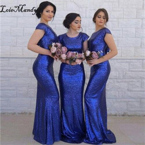 Royal Blue Sequin Mermaid Bridesmaid Dresses 2021 Long Floor Length Wedding Party Dress With Short Sleeve maid of honor