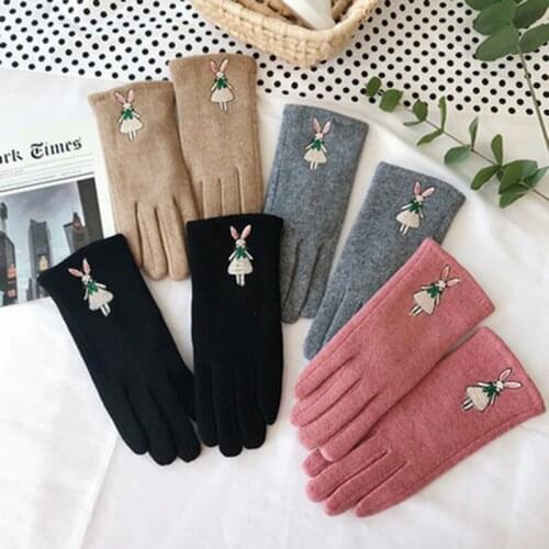 Cute Rabbit Full Finger Embroidered Touch Screen Driving Gloves Female Winter Wool Plus Velvet Thicken Cycling Warm Mittens H13