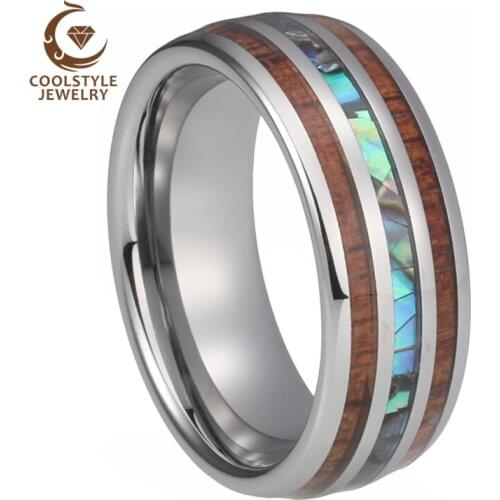 Men Women Wedding Bands Tungsten Carbide Ring With Abalone Shell and Koa Wood Inlay Domed Shape Polished Shiny Comfort Fit