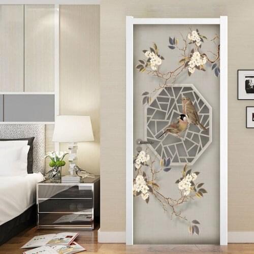 Chinese Style Flower Bird Door Sticker 3D Mural Wallpaper Living Room Bedroom Study Door DIY Self-adhesive Decoration Sticker