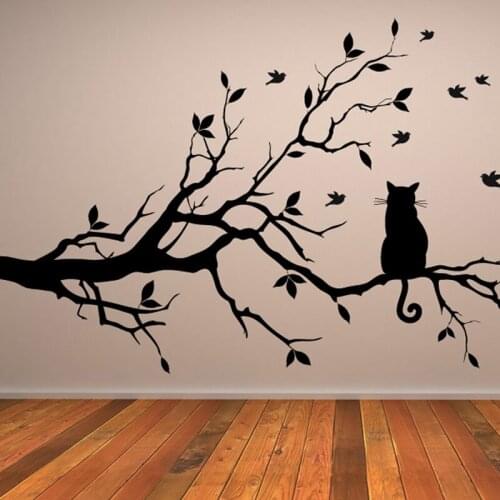 Cat On The Tree Branch Wall Sticker Birds Home Decor Living Room Waterproof Kitchen Nursery Wall Decals
