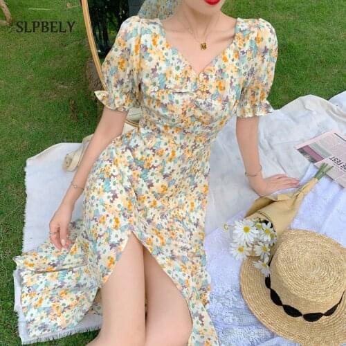 SLPBELY French Floral Print Split Dress For Women Summer Elegant V Neck Puff Sleeve Dress A Line Midi Dress Vestido Sundress