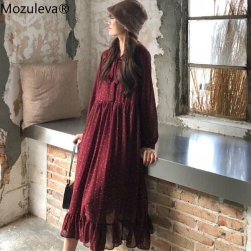 Mozuleva 2019 Women Lace-up Buttons Loose A-line Dress Polka Dots Print Female Chiffon Dress Vintage Casual Mid Long Dress femme