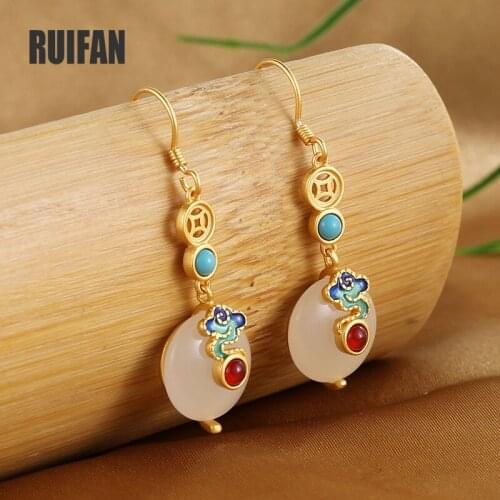 Ruifan Vintage White Natural Jade 925 Sterling Silver Earrings for Women Ethnic Gold Hook Drop Earring Fine Jewelry Gift YEA479