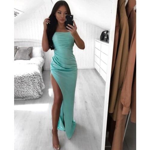 Sexy Spaghetti Straps Long Blue Evening Dresses with Slit Mermaid Lace Up Back Satin Abendkleider Robes de Soirée for Women