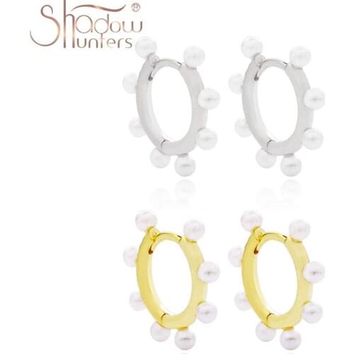 SHADOWHUNTERS Real Sterling Silver 925 Earrings Pearl Huggies Earrings Women Wedding Jewelry Pearls Row Vintage Hoops For Mother