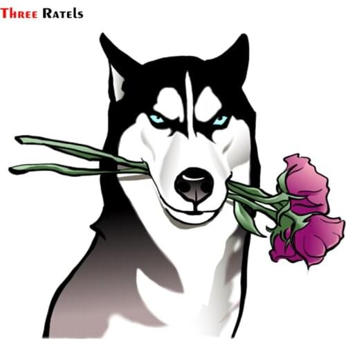 Three Ratels TRL555# 13x11.9cm Husky With Flowers Dog Car Funny Stickers And Decals