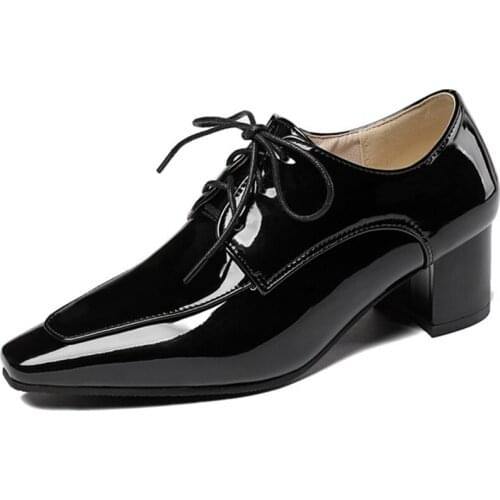 Fashion Black Leather Shoes Women Mocassins Femmes Chaussures Lace Up Flats Designer Shoes Women Derby Shoes Mujer Big Size 45