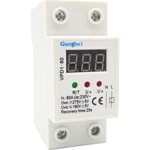 2P 60A 220V automatic reconnect over voltage and under voltage protection protective device relay with Voltmeter voltage monitor