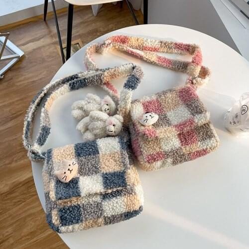 Japanese Faux Fur Plaid Crossbody Bags for Women Candy Cute Winter Female Shoulder Bag Furry Plush Girls Purses and Handbags New