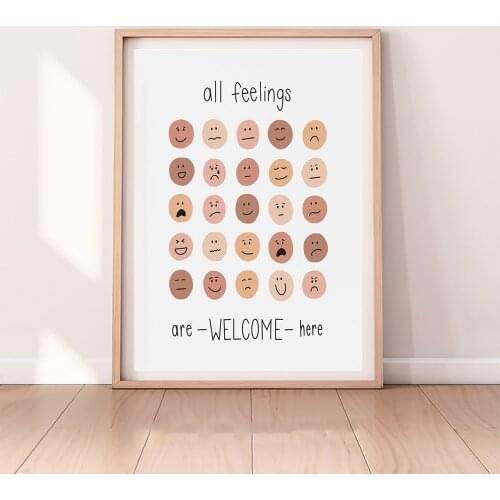Funny Colorful All Feelings Are Welcome Here Wall Art Canvas Painting Mental Health Posters and Prints Pictures for Living Room