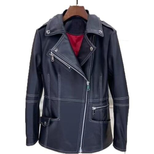 2021 Brand New Women Coat Spring Slim Style Super Collect Waist Genuine Leather Jacket Red Lining New Zealand Import Sheepskin