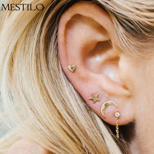 MESTILO Korean Gold Sliver Black Love Heart Earrings For Women Girl Fashion Statement Small Star Moon Stud Earrings Set Jewelry