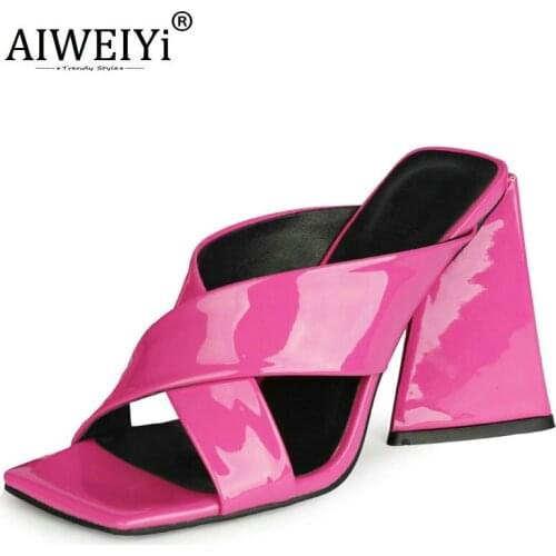AIWEIYi Woman Slippers Female Spike Heel High Heels Flip Flops Open toe Thick Sole Patent Leather Nightclub Party Pumps